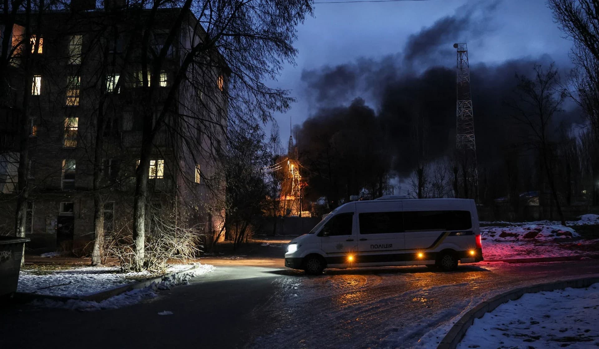 Critical power infrastructure burns after a Russian drone attack in Kyiv