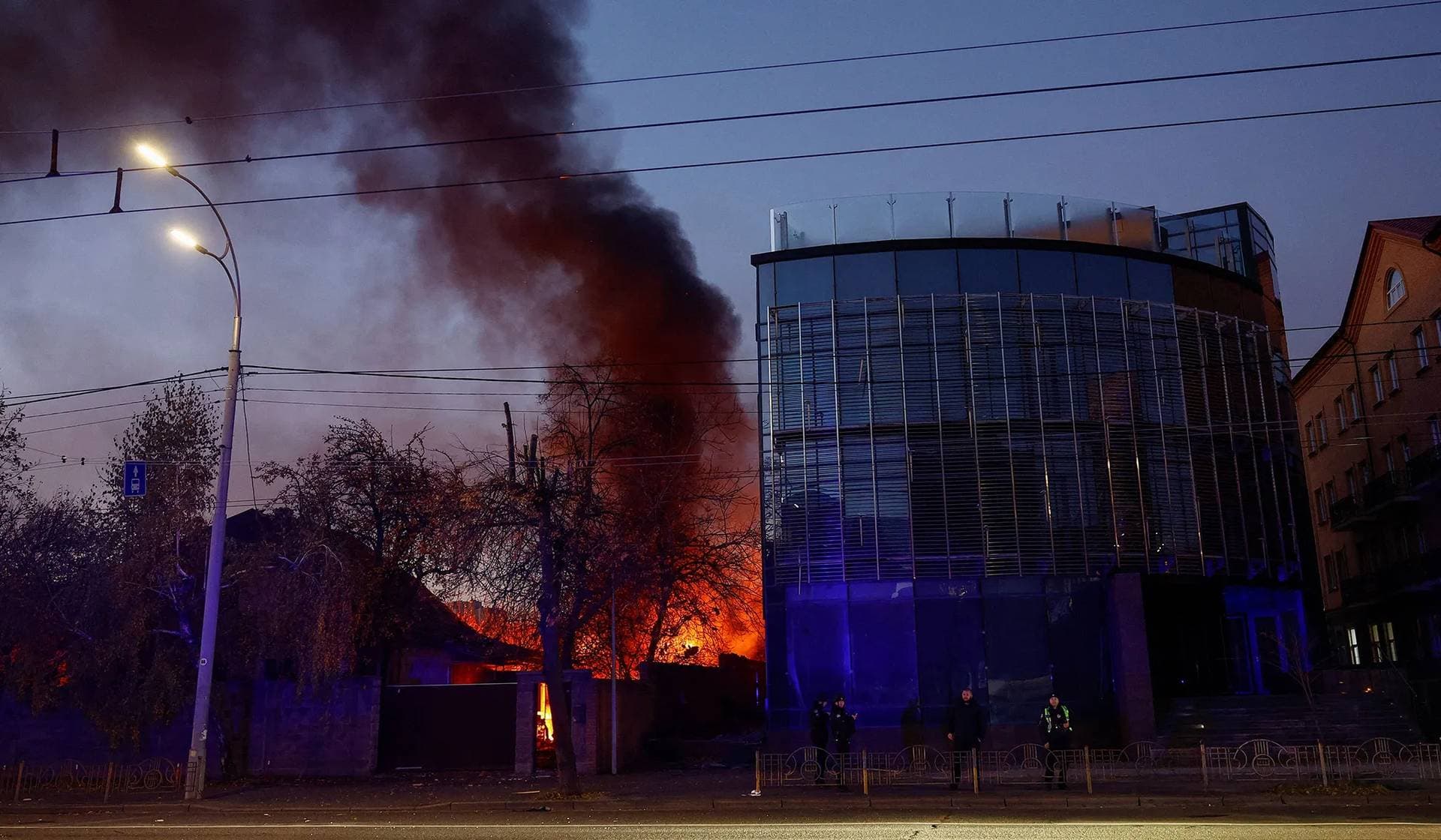 Fire at the site of private house damaged during a Russian drone strike in Kyiv