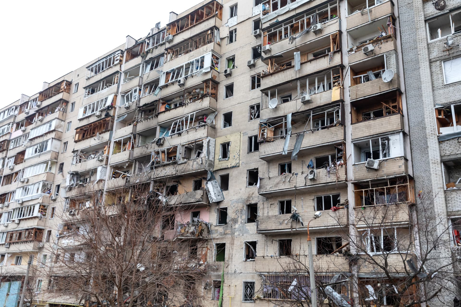 View of a civilian building damaged following a Russian rocket attack the city of Kyiv, Ukraine