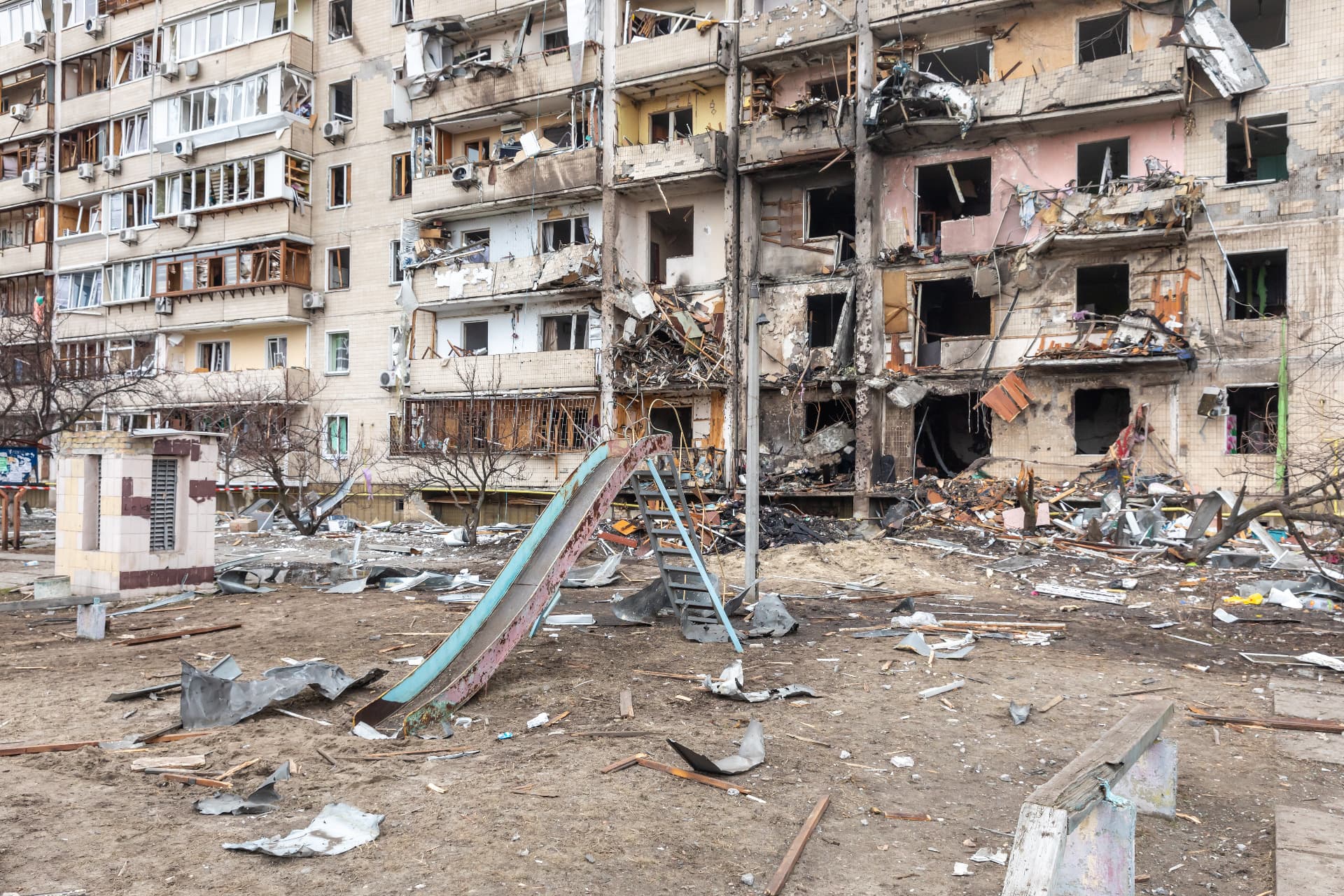 View of a civilian building damaged following a Russian rocket attack the city of Kyiv, Ukraine