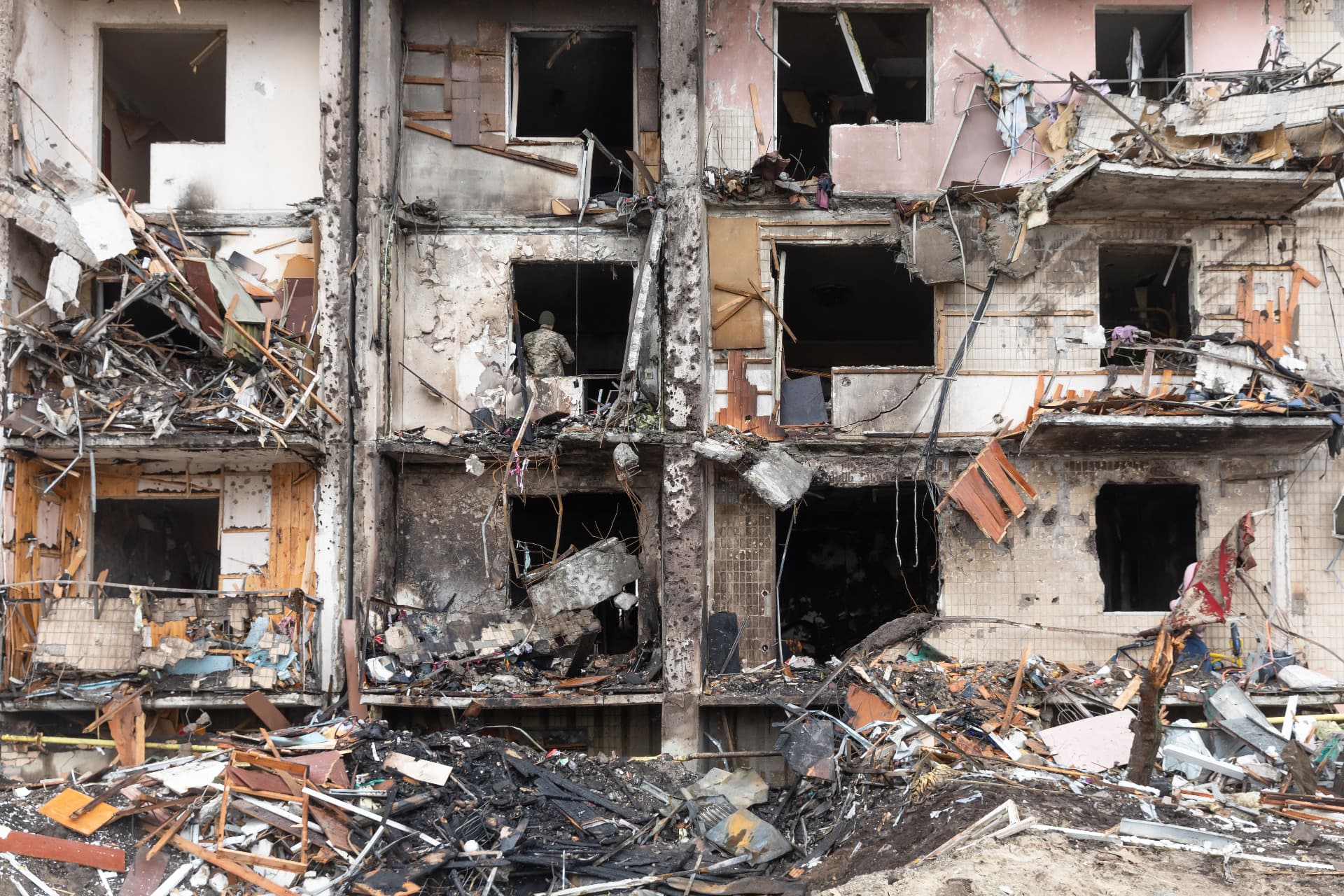 View of a civilian building damaged following a Russian rocket attack the city of Kyiv, Ukraine