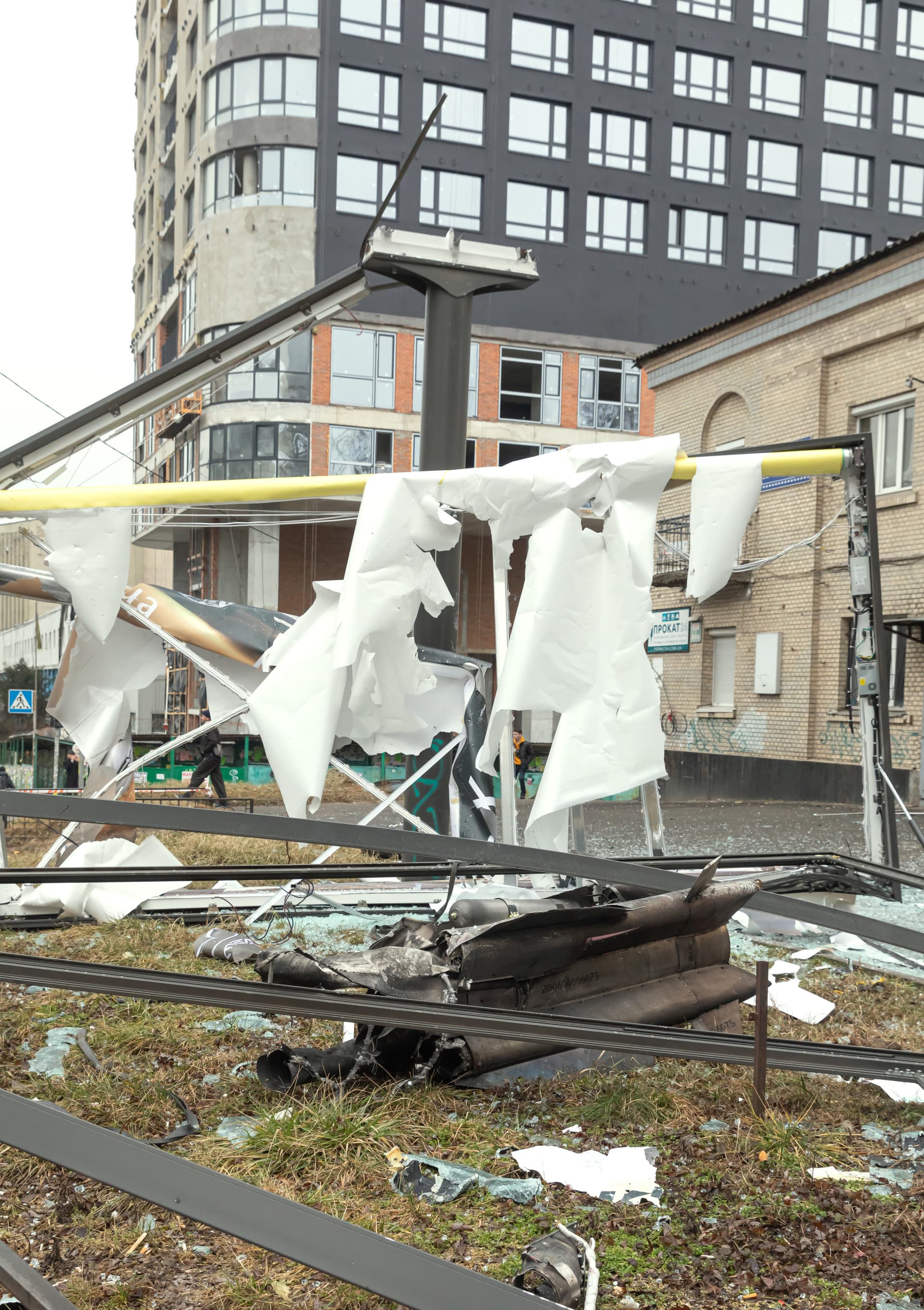 Debris of an a Russian rocket aftermath of an explosion in Kyiv