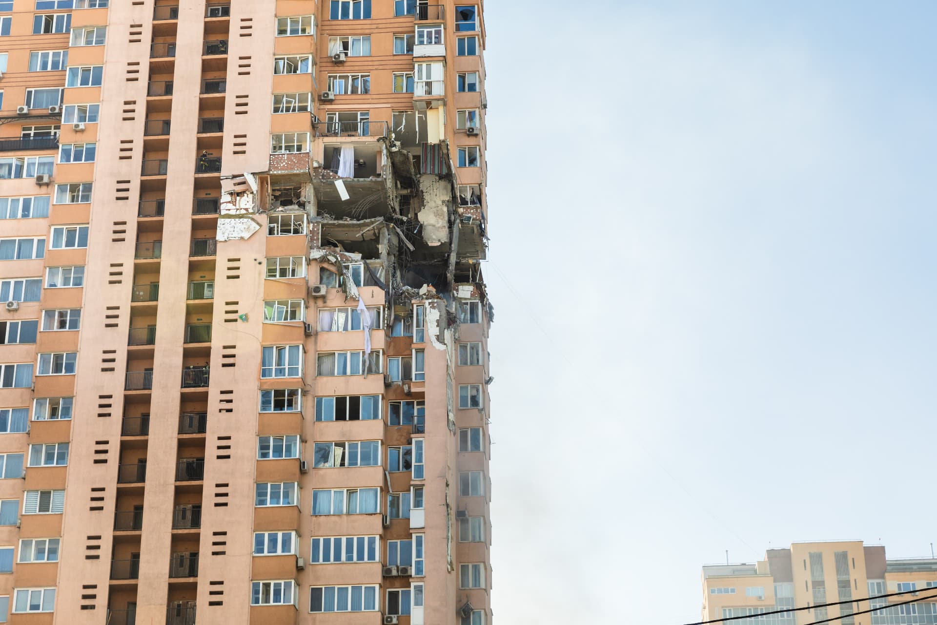 View of a civilian building damaged following a Russian rocket attack the city of Kyiv, Ukraine