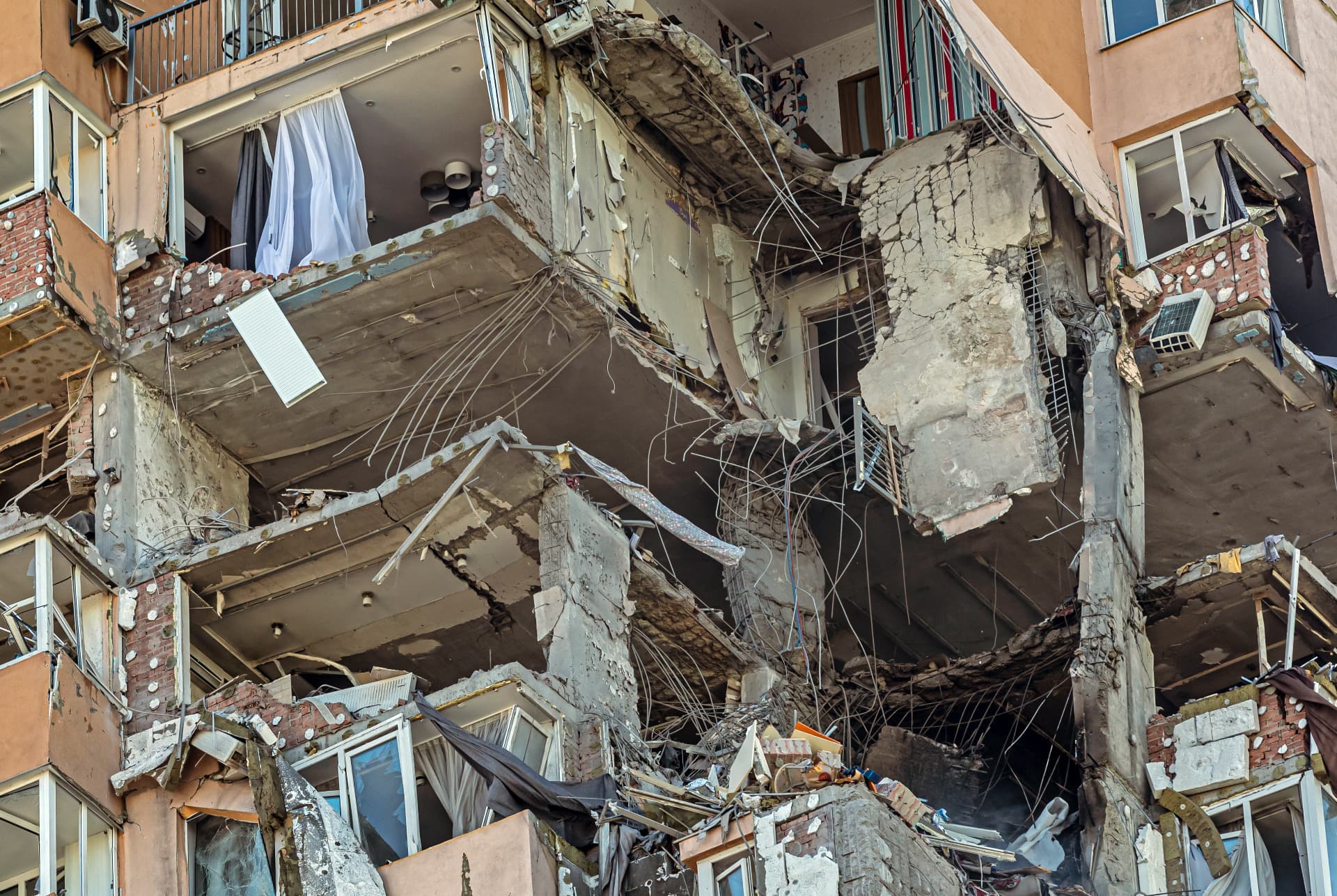 View of a civilian building damaged following a Russian rocket attack the city of Kyiv, Ukraine