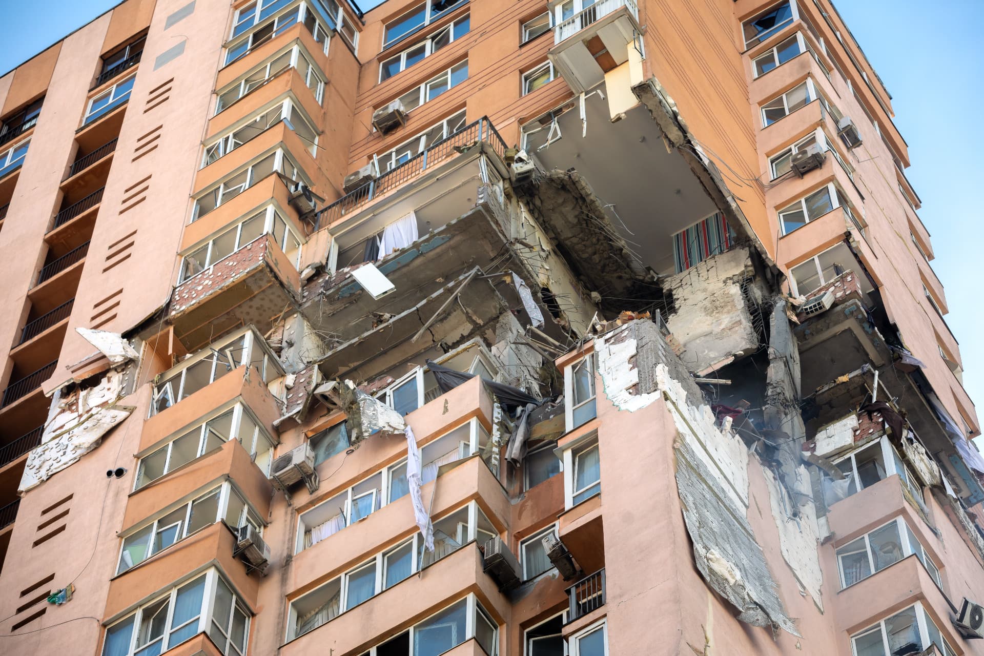 View of a civilian building damaged following a Russian rocket attack the city of Kyiv, Ukraine