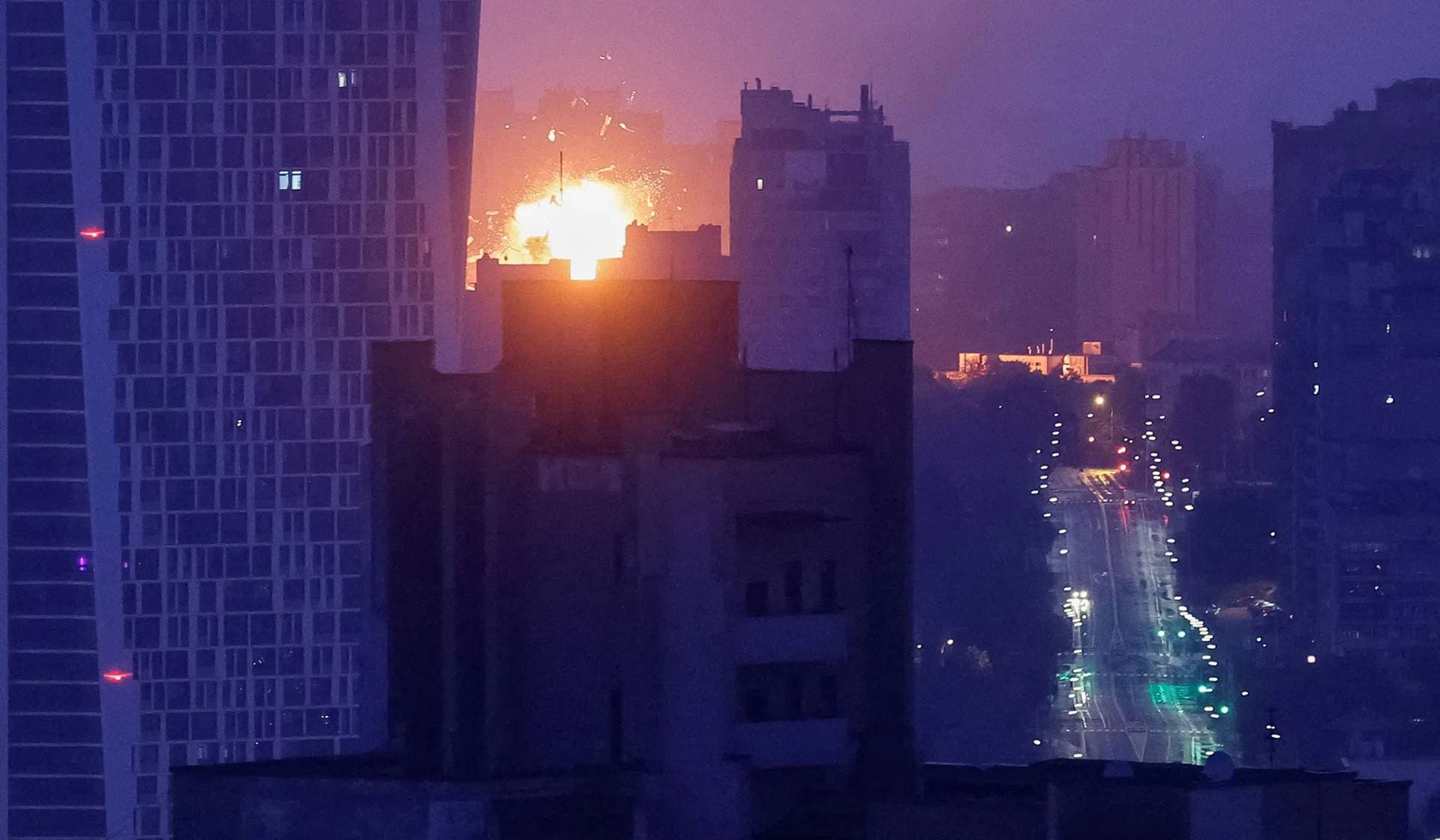 An explosion of a drone over the city during a Russian drone and missile strike in Kyiv