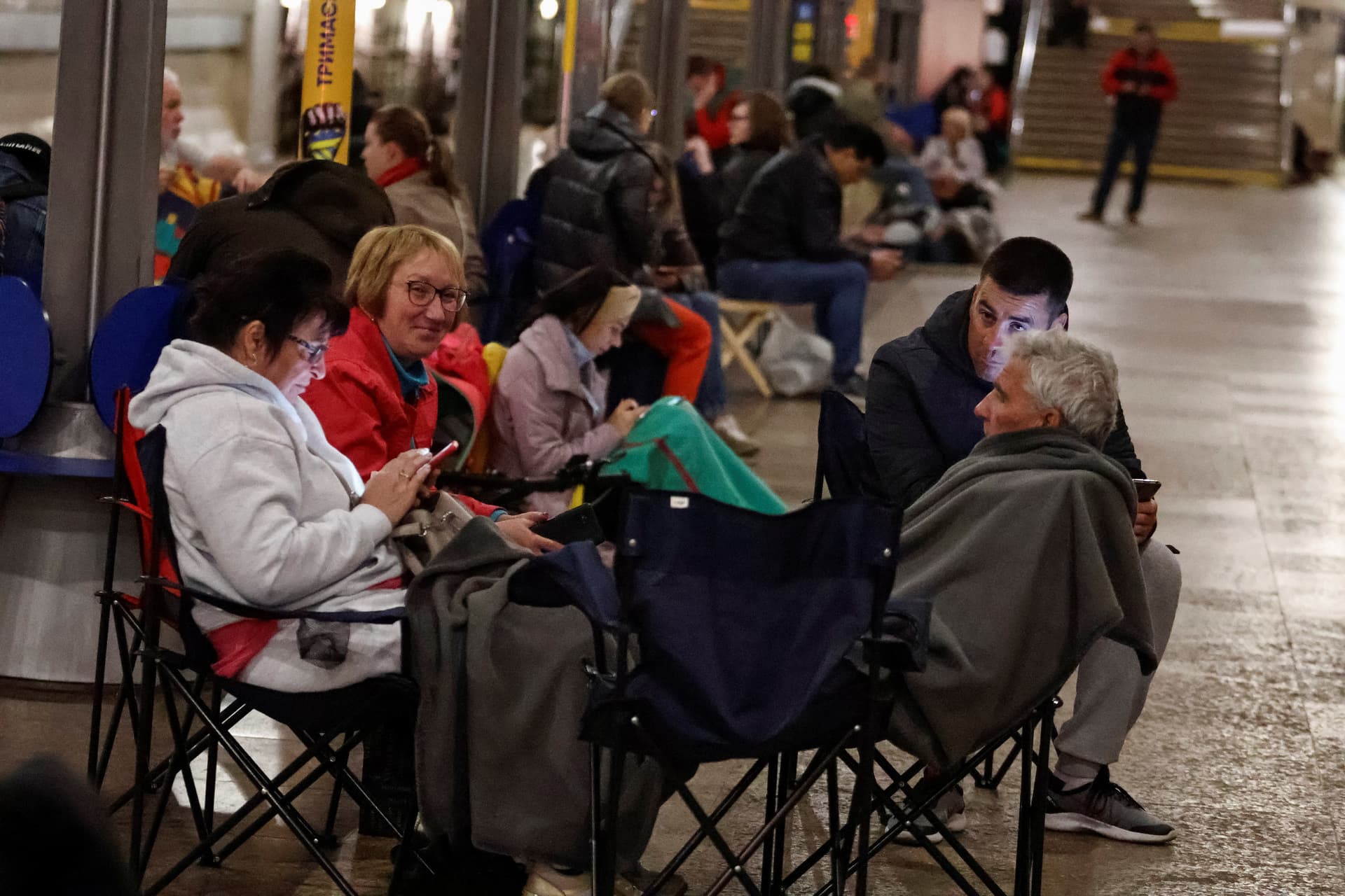 People take shelter inside a metro station during an overnight Russian missile and drone strike, amid Russia's attack on Ukraine, in Kyiv