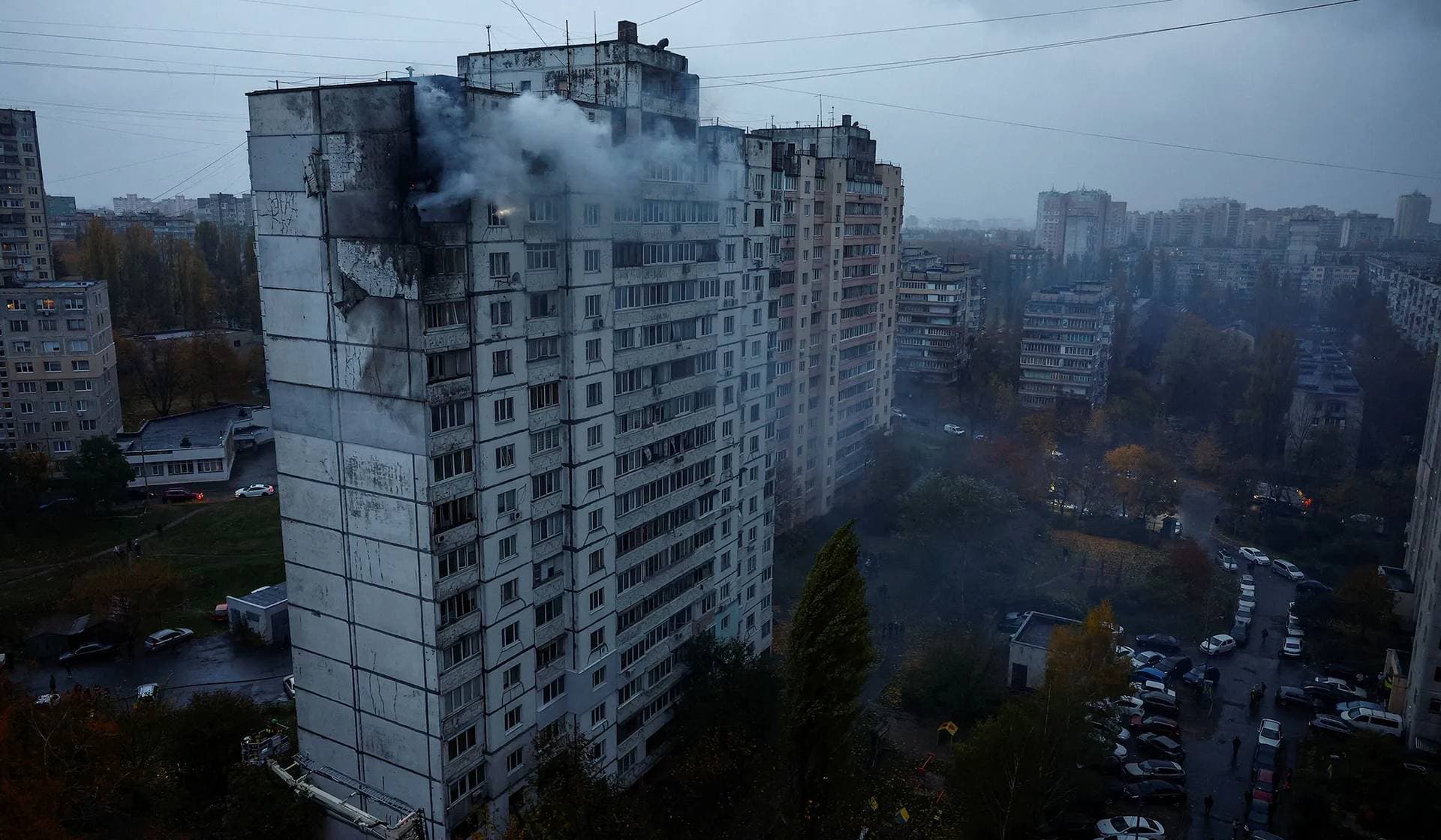 An apartment building damaged by a Russian drone strike in Kyiv