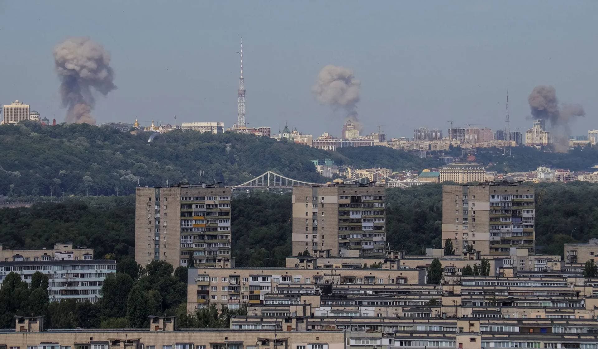 Smoke rises in the sky over the city after a Russian missile strike in Kyiv