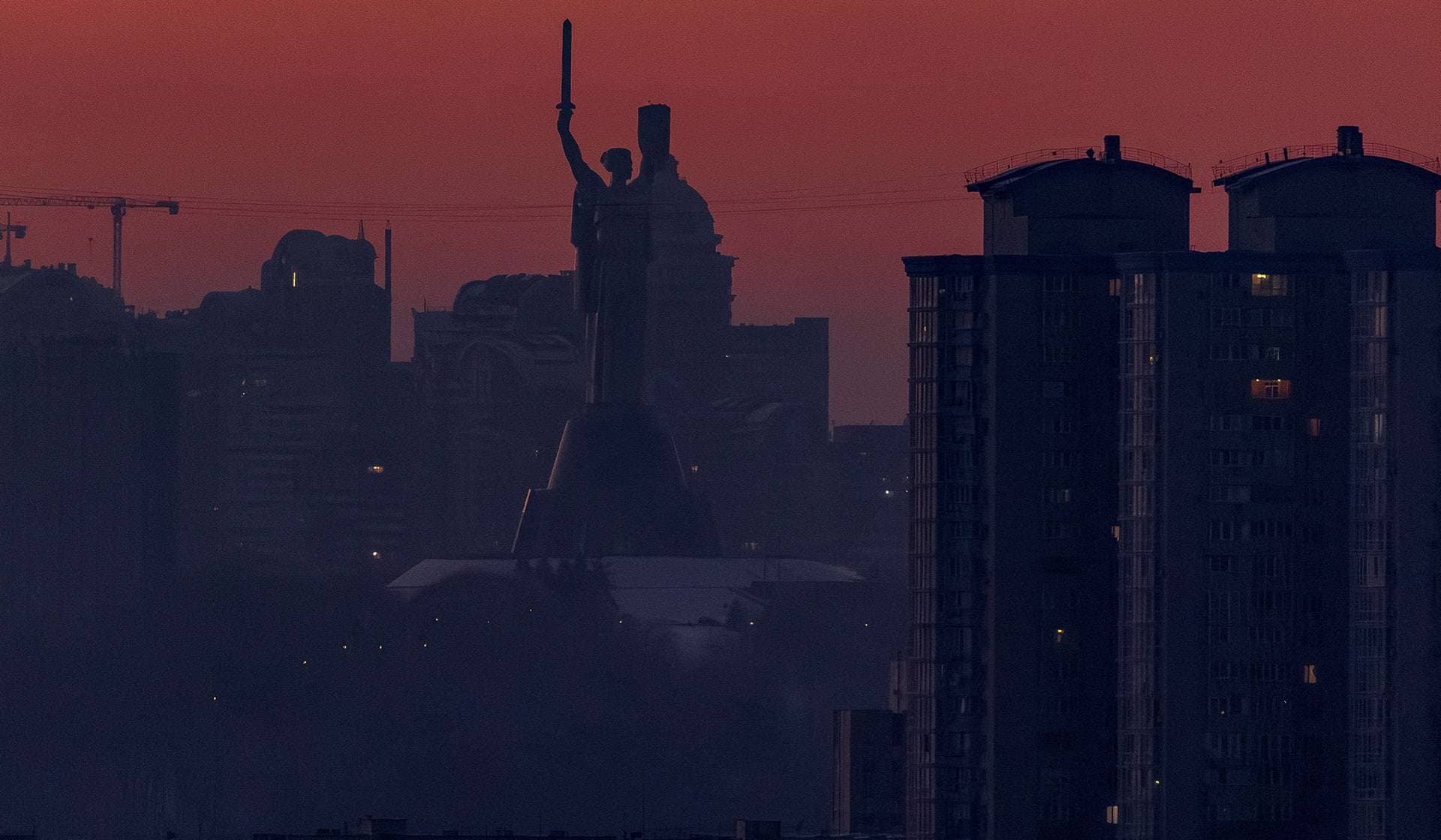 Residential buildings during a power blackout and freezing temperatures after critical civil infrastructure was hit by recent Russian missile and drone attacks in Kyiv