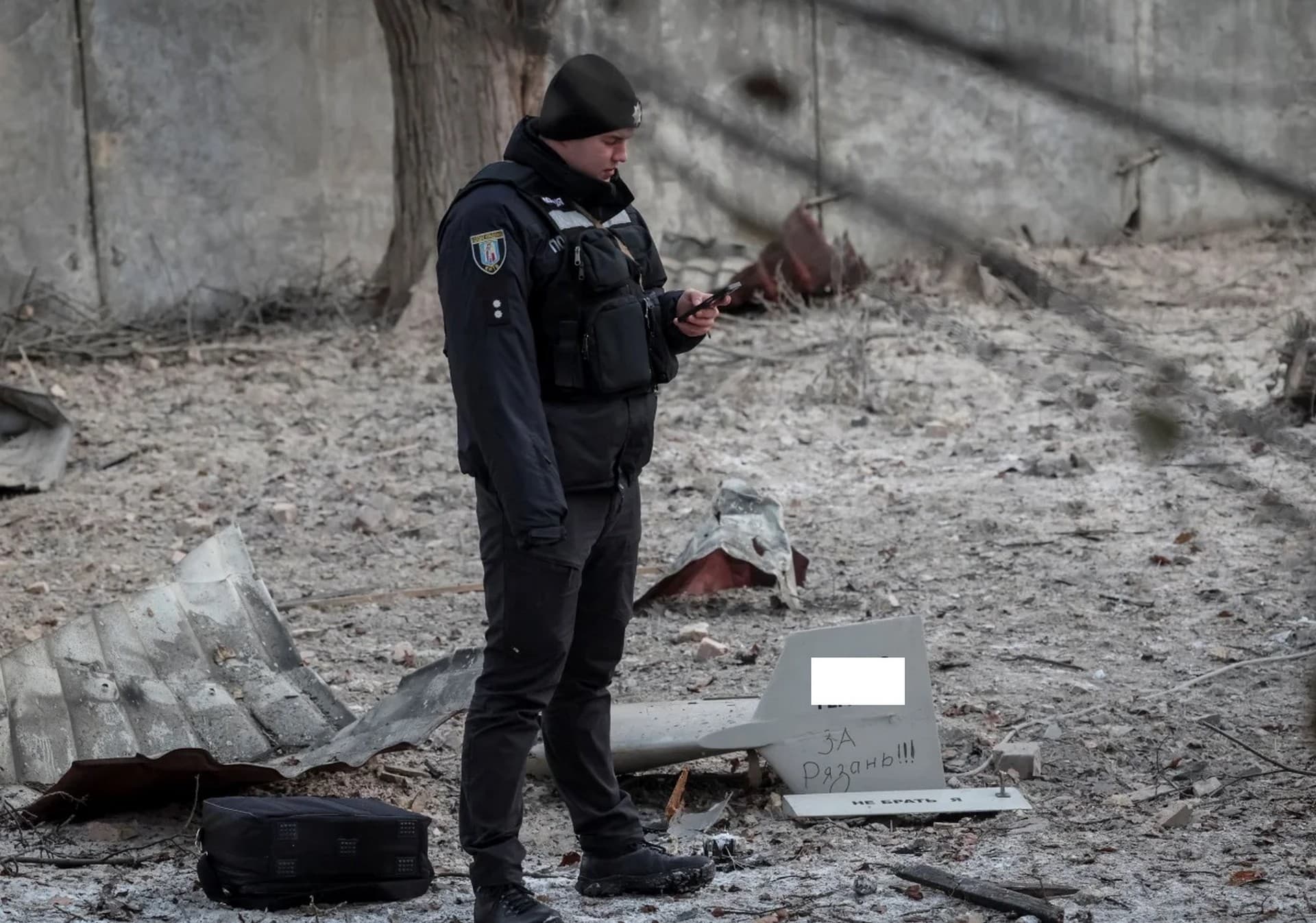 Parts of a drone at a location in Kyiv