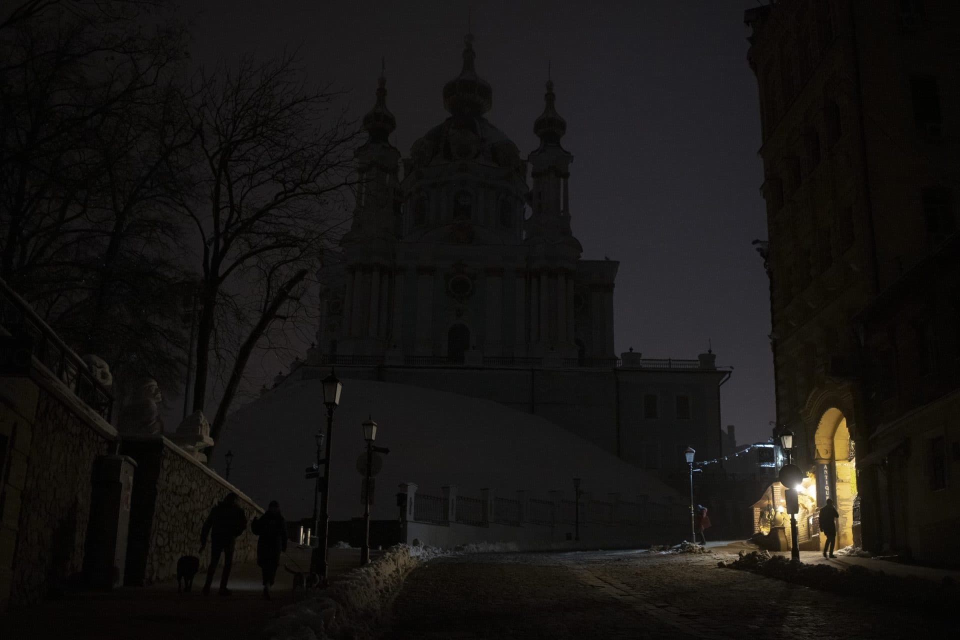 city center during a blackout after a Russian rocket attack in Kyiv