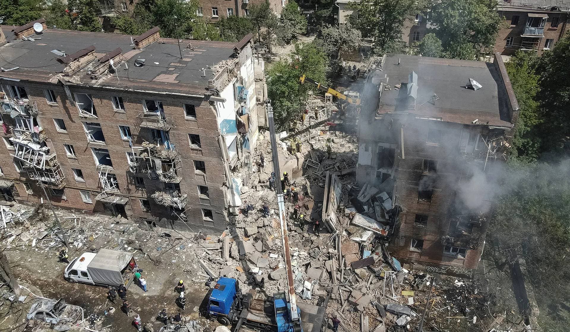 Drone view of a building heavily damaged by a Russian missile strike in Kyiv