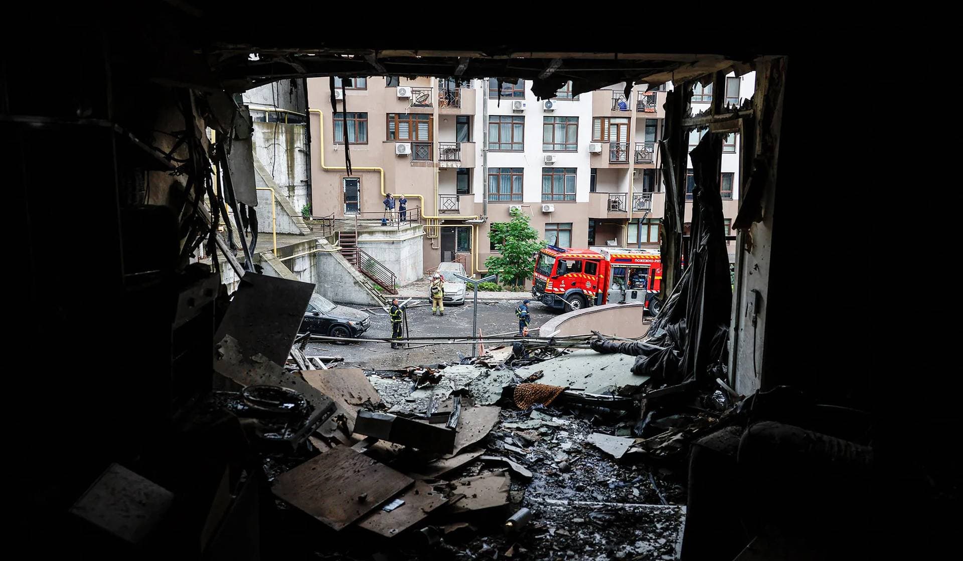 An apartment in a residential building destroyed by a Russian drone strike in Kyiv