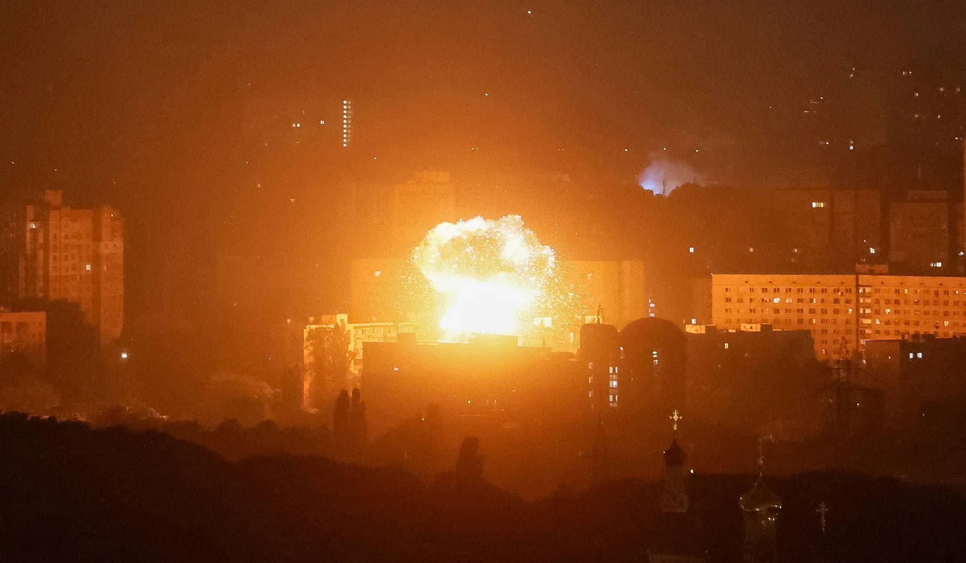 An explosion of a drone over the city during a a Russian drone strike in Kyiv