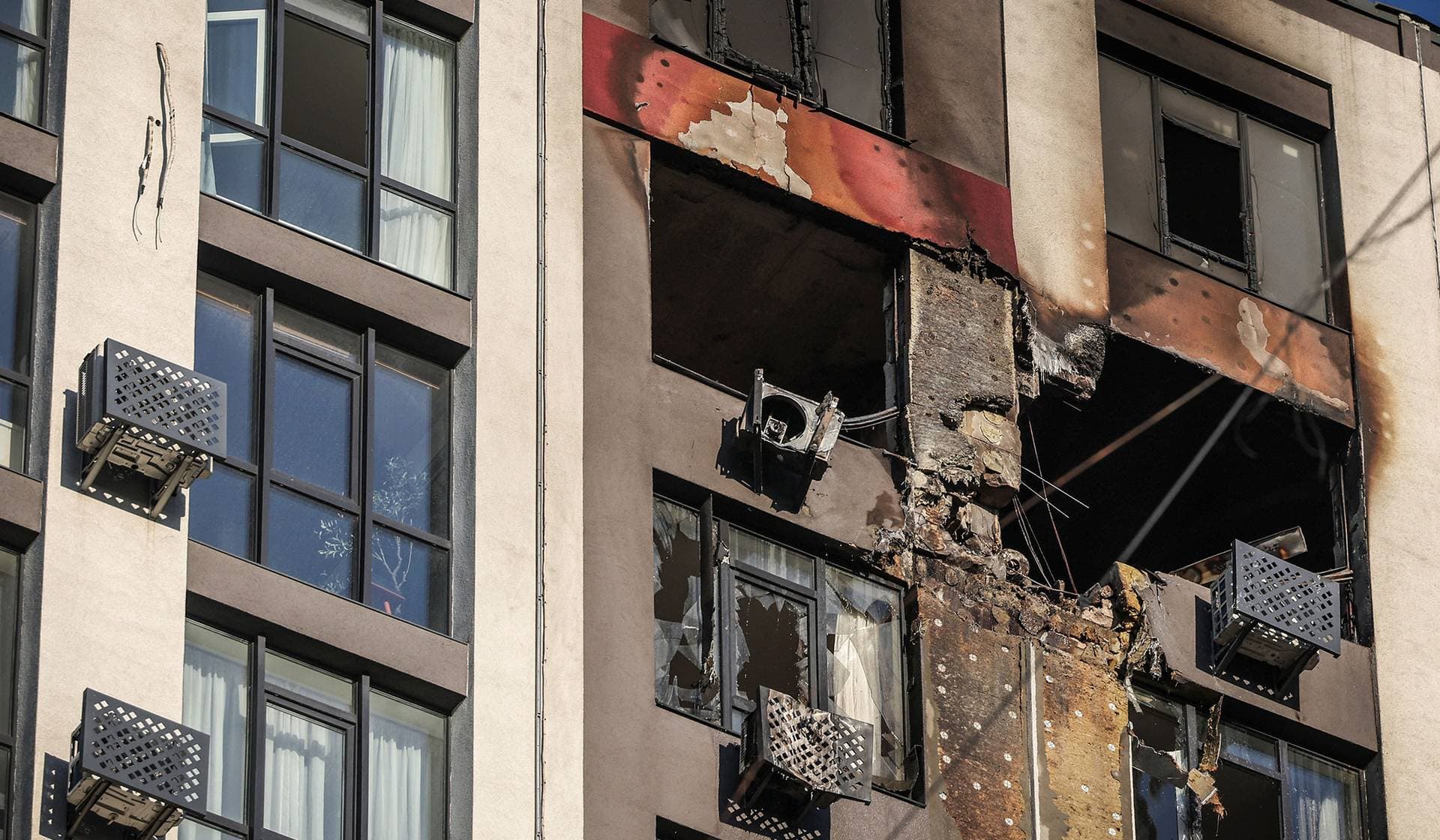 A damaged residential building after an overnight Russian missile and drone strike in Kyiv