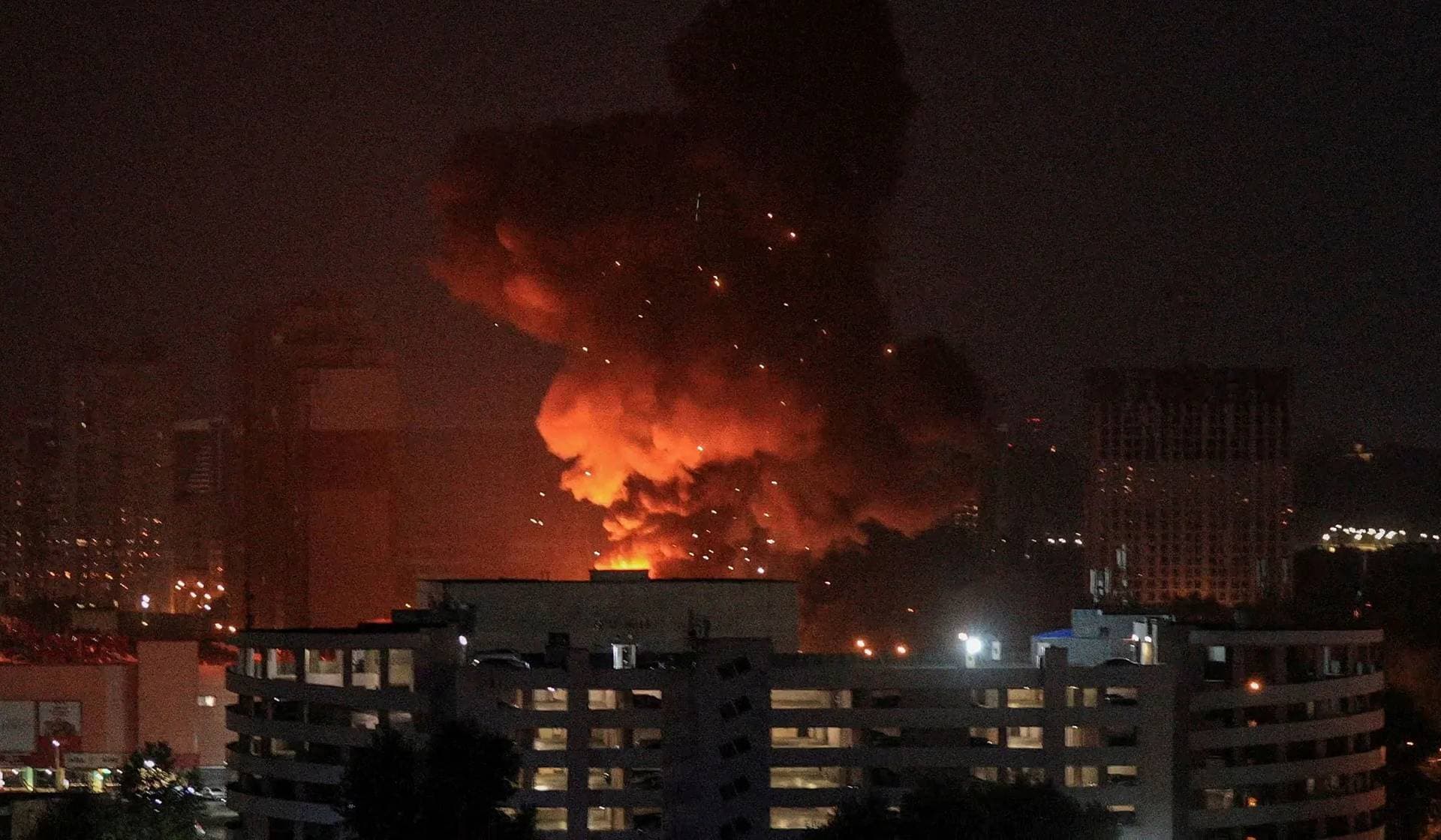 An explosion in the sky over the city during a Russian missile strike in Kyiv