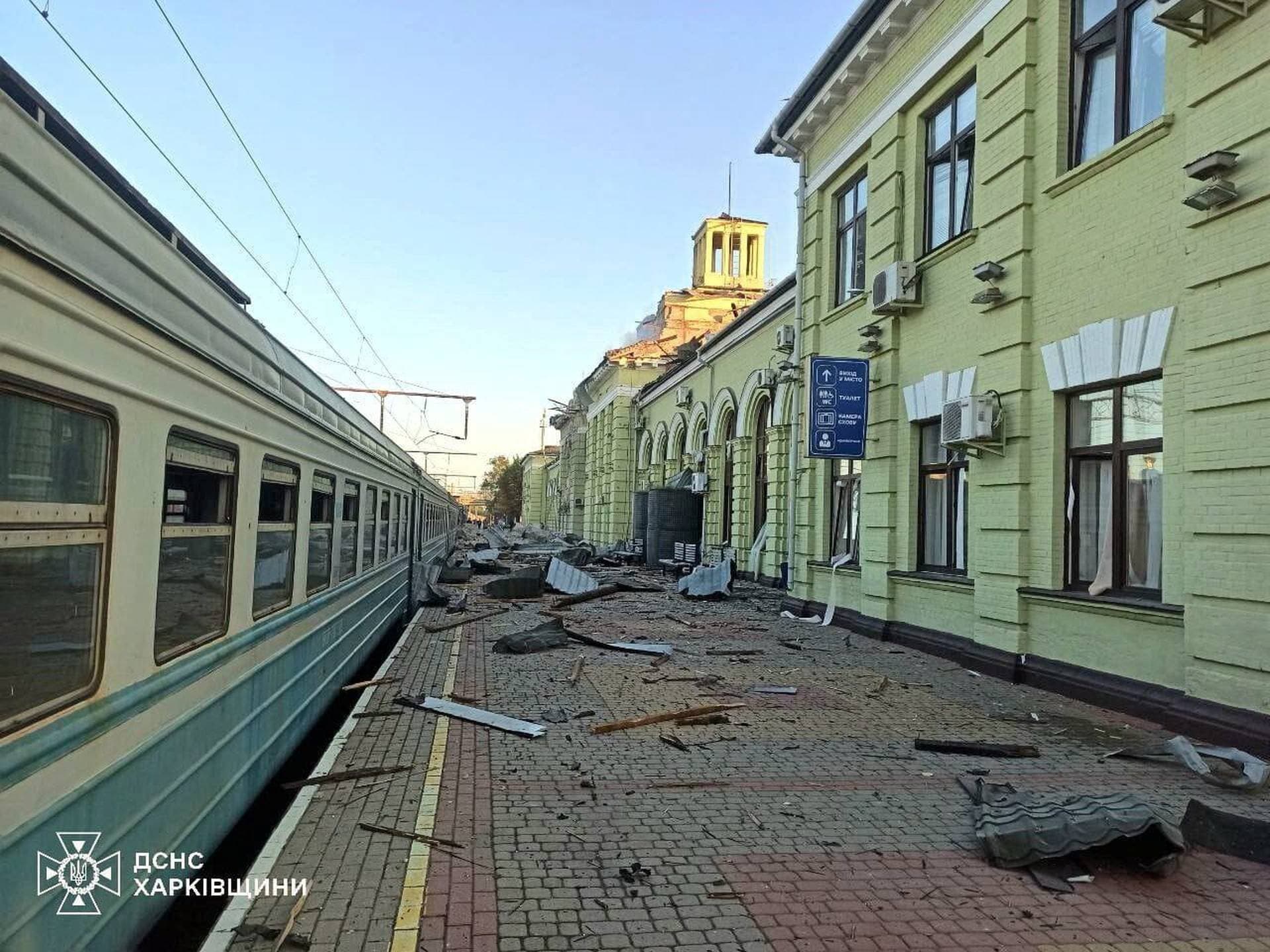 A building of a railway station, damaged during a Russian drone strike, at a railway station in the town of Lozova