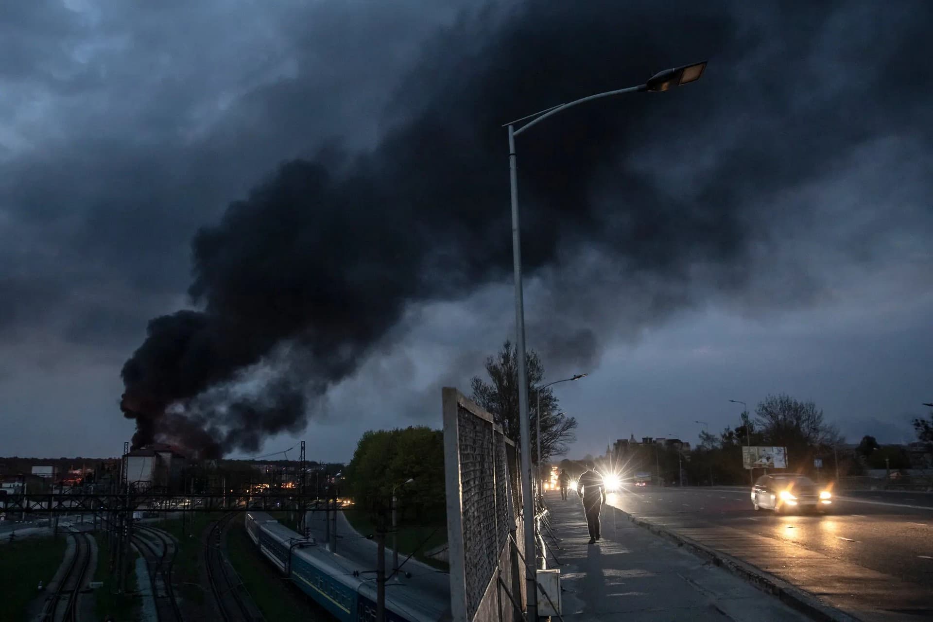 Smoke rising from the site of a Russian missile attack in Lviv on Tuesday evening
