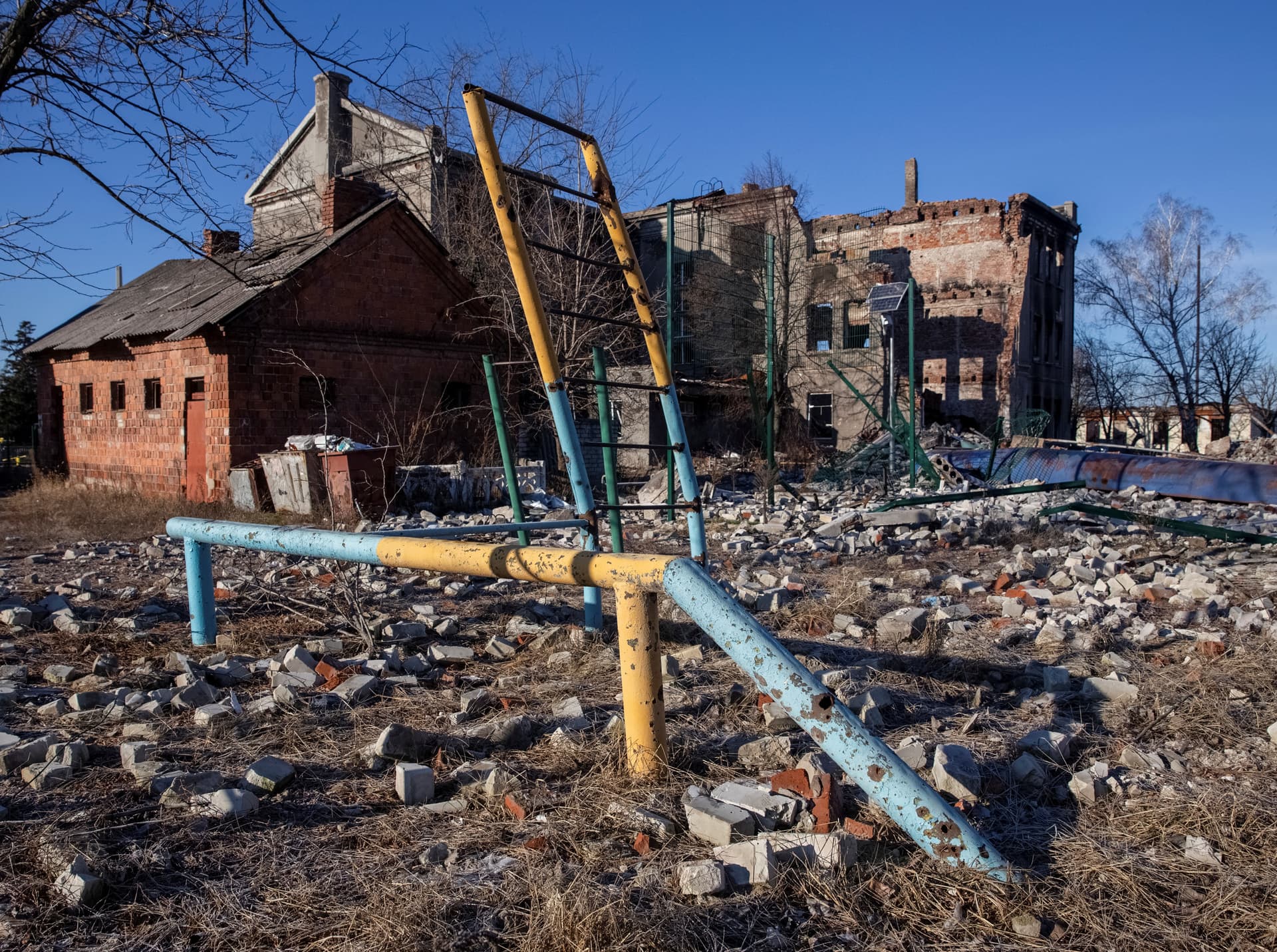 A destroyed playground and school in Lyman