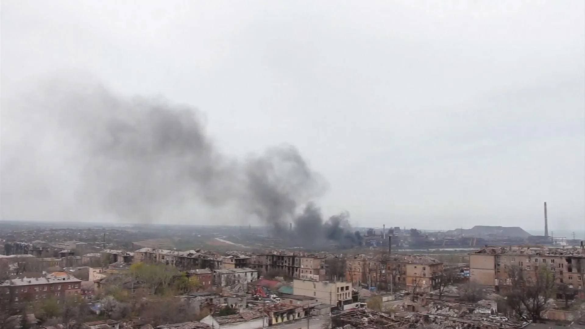 smoke rises from the Metallurgical Combine Azovstal in Mariupol