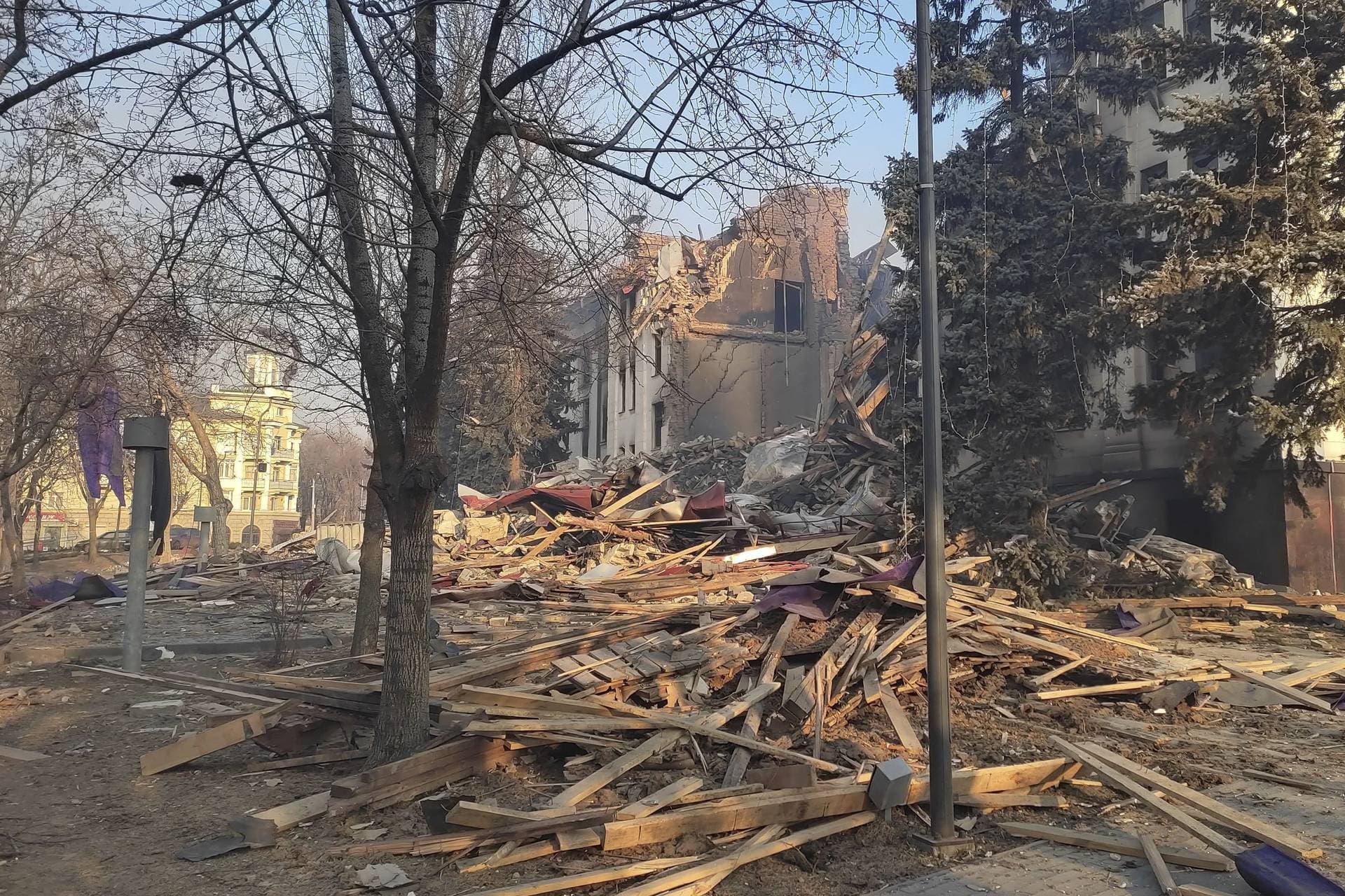 Rubble covers where the field kitchen stood outside of the Donetsk Academic Regional Drama Theatre in Mariupol