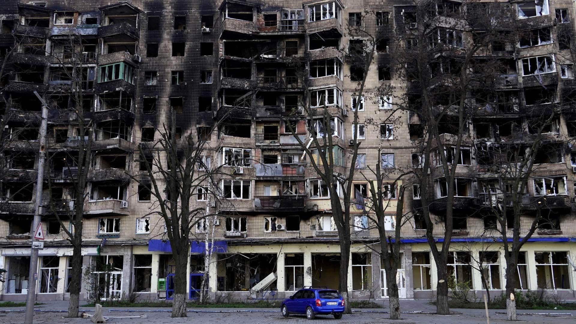A damaged building in the Russian-occupied Azov Sea port city of Mariupol