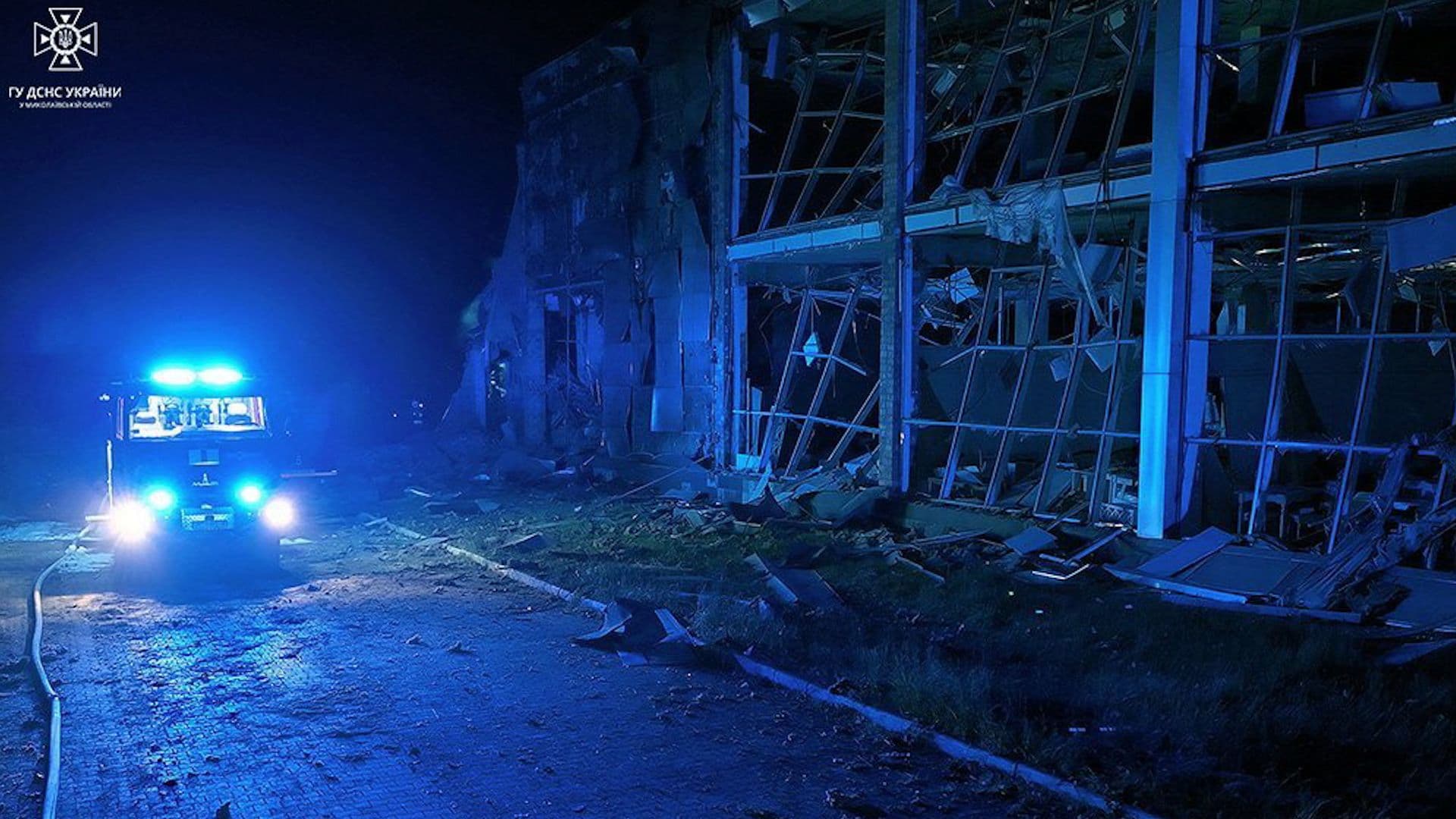 Site of a shopping mall heavily damaged by a Russian missile strike in Mykolaiv