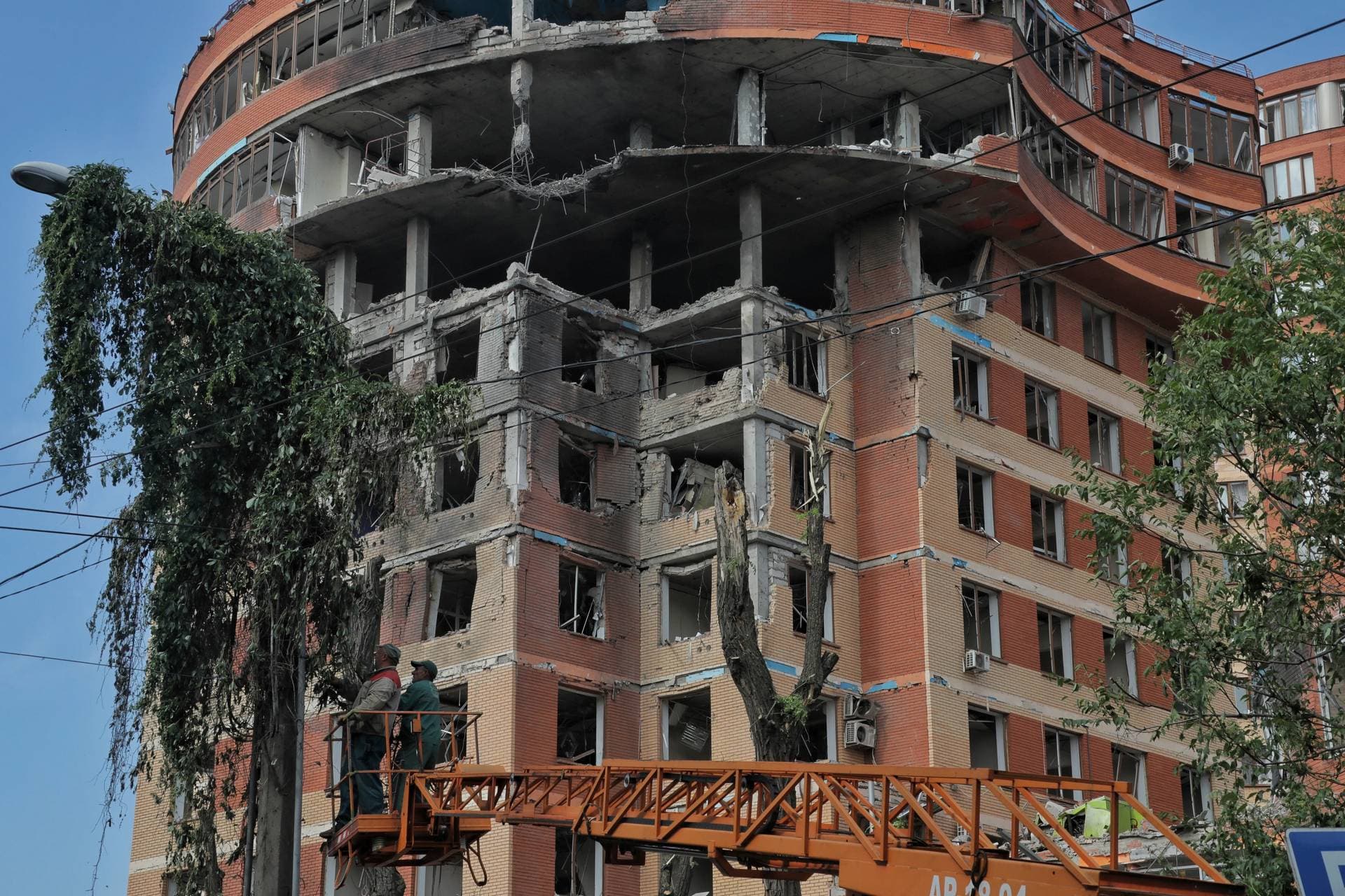 A part of a business centre is damaged after a nightly Russian rocket attack in Odesa