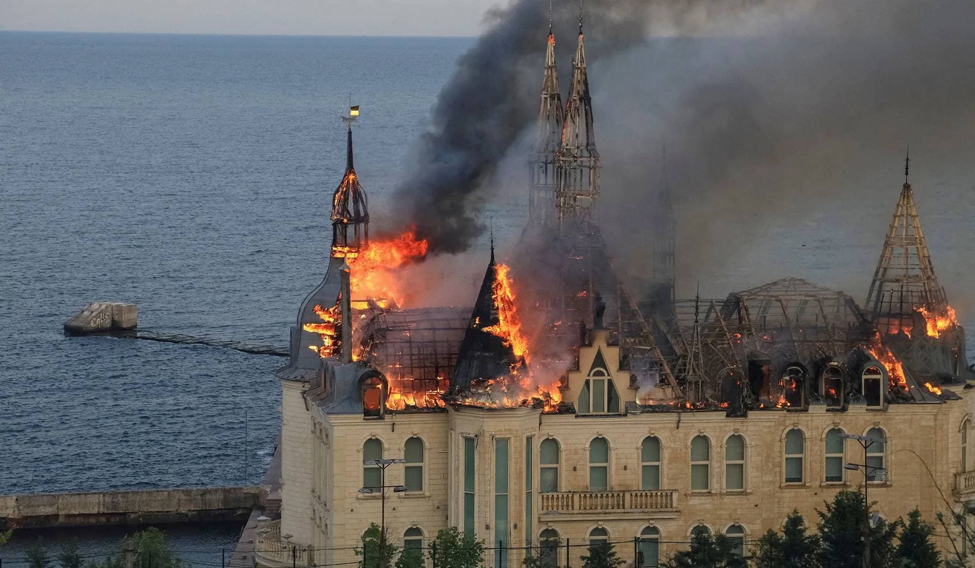 An educational institution building burns after a Russian missile strike in Odesa