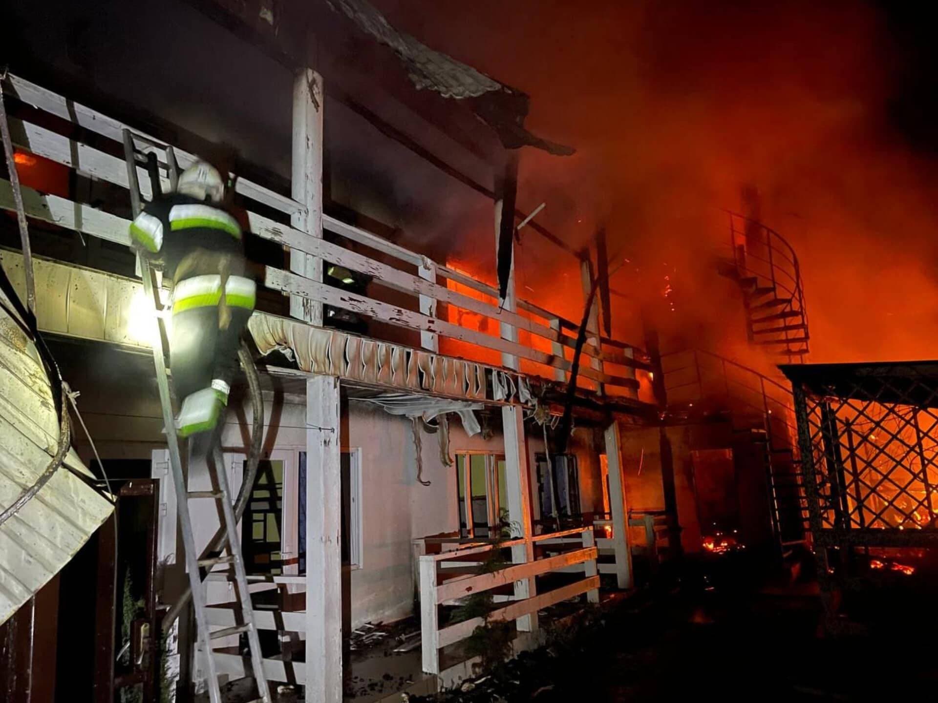 burning storage facilities heavily damaged by a Russian missile strike in Odesa region