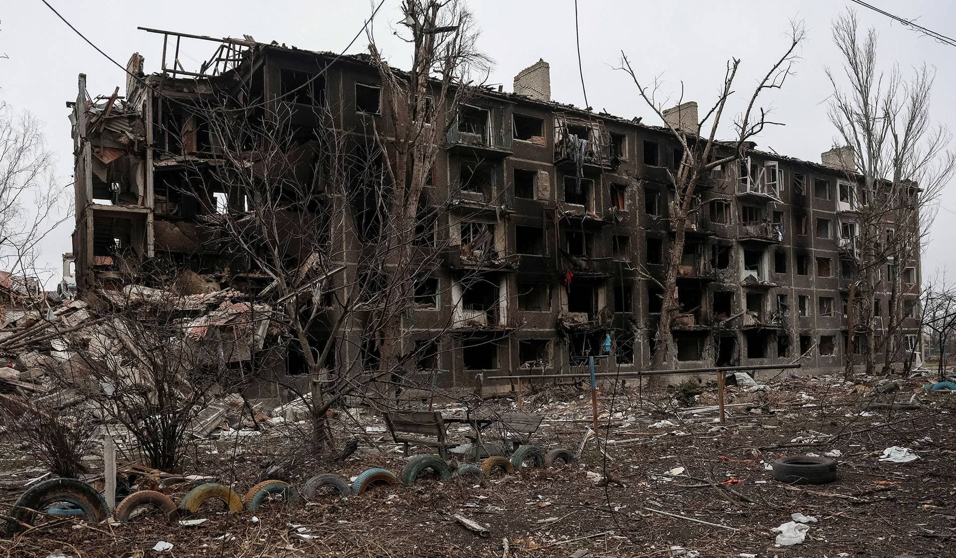 An apartment building damaged by a Russian military strike in the frontline town of Dobropillia