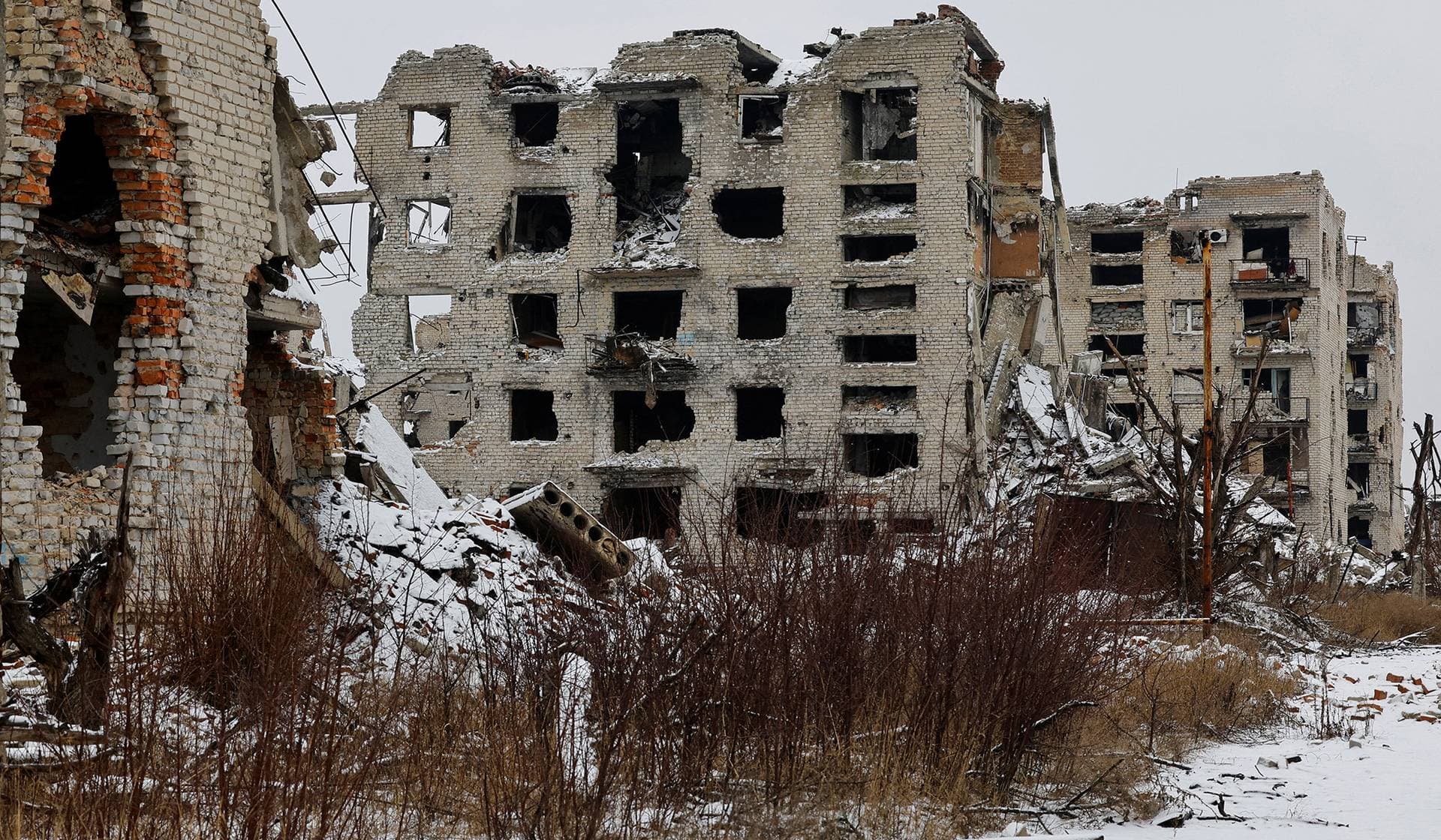 The ruins of a building in the abandoned town of Marinka (Maryinka)