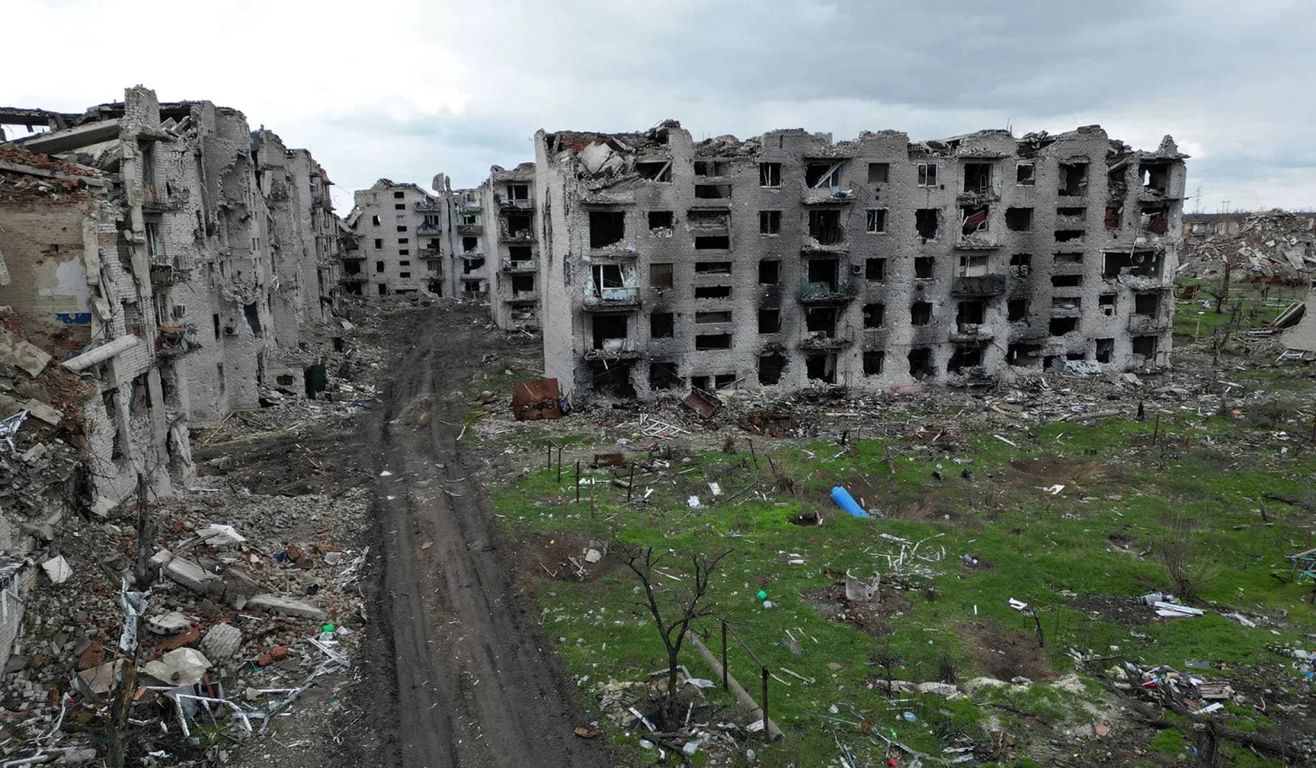The ruins of apartment buildings in the abandoned town of Marinka