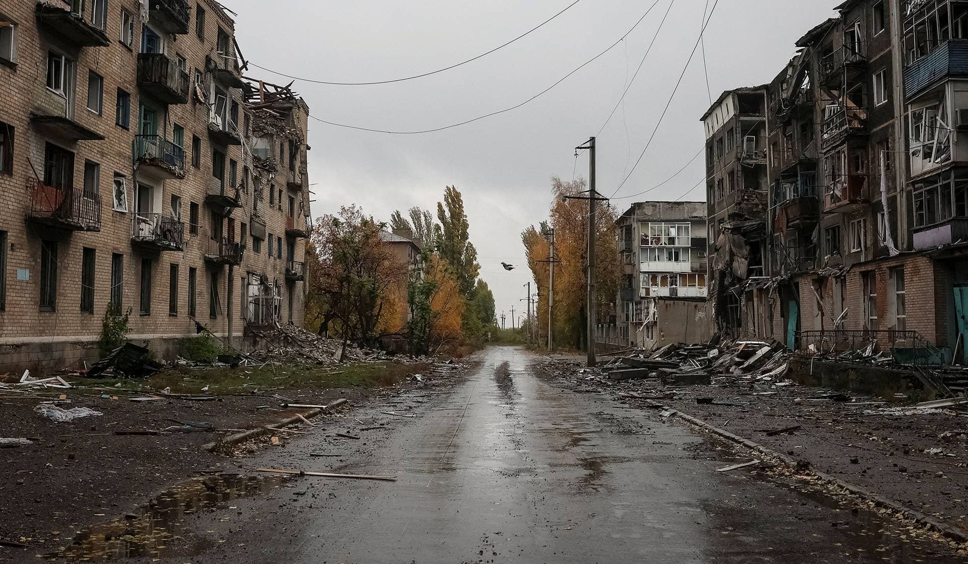 Apartment buildings damaged by a Russian military strike in the frontline town of Bilozerske