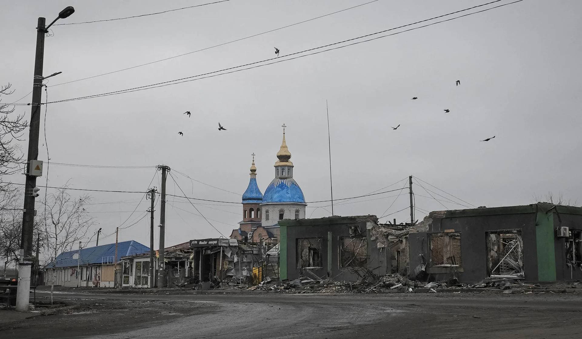 Birds fly over the frontline town of Pokrovske