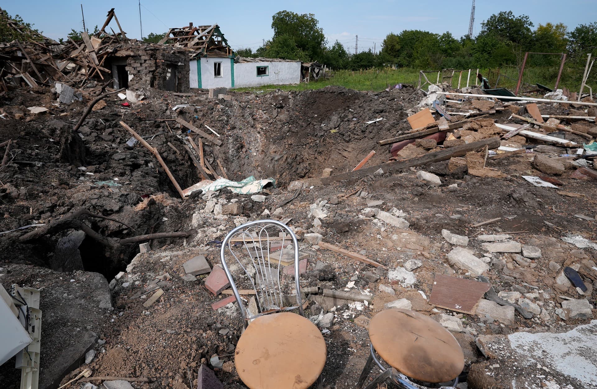 Destroyed houses after a Russian attack are seen in the village Chaplyne