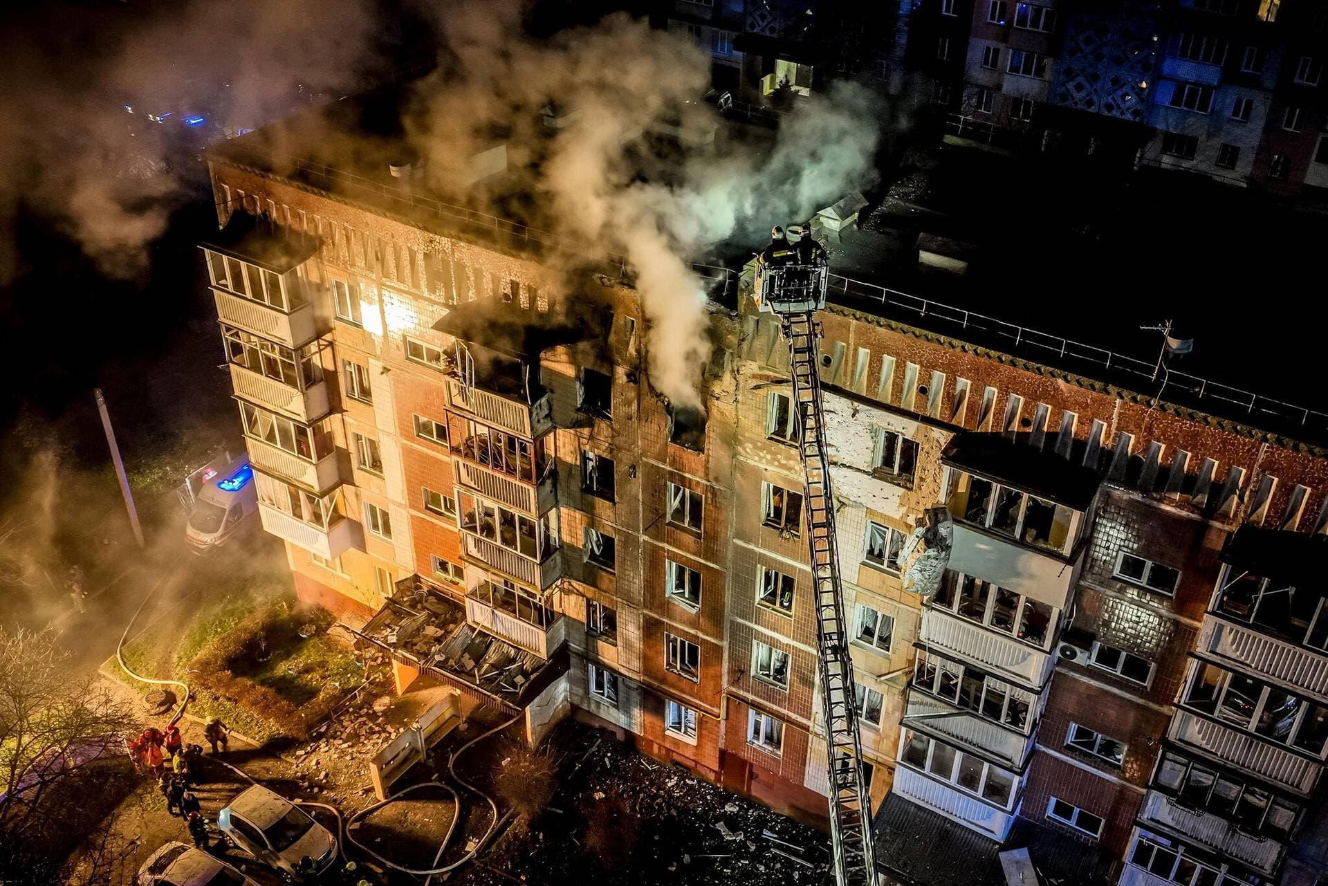 Drone view of an apartment building hit by a Russian drone strike in Ternopil