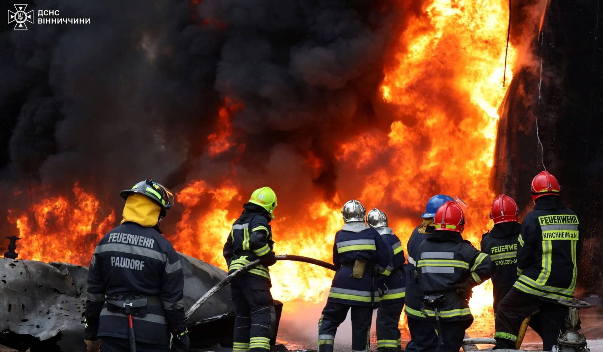 Firefighters work at the site where a critical infrastructure facility was damaged during a Russian drone strike in Vinnytsia Region