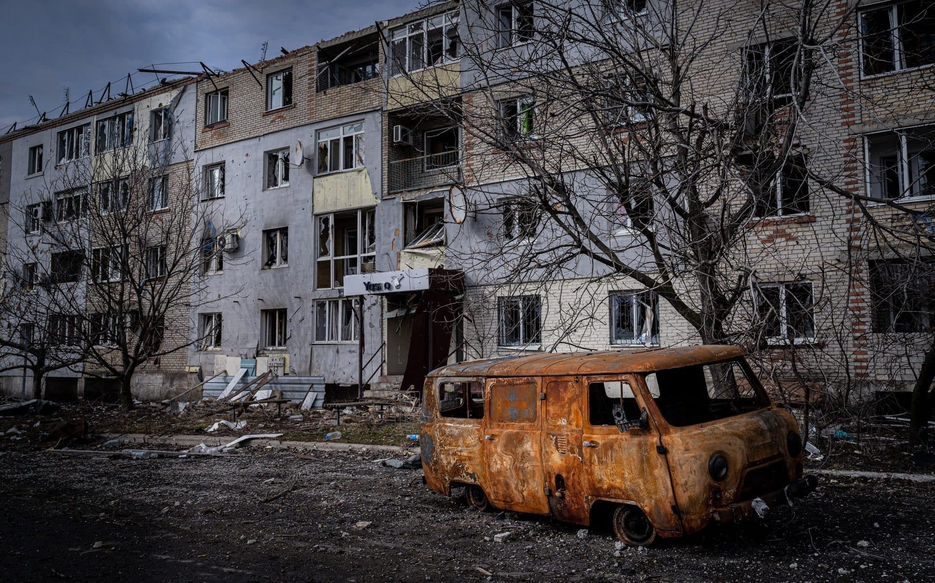 Destruction in the city of Vuhledar, a strategic rail and road hub south of Bakhmut