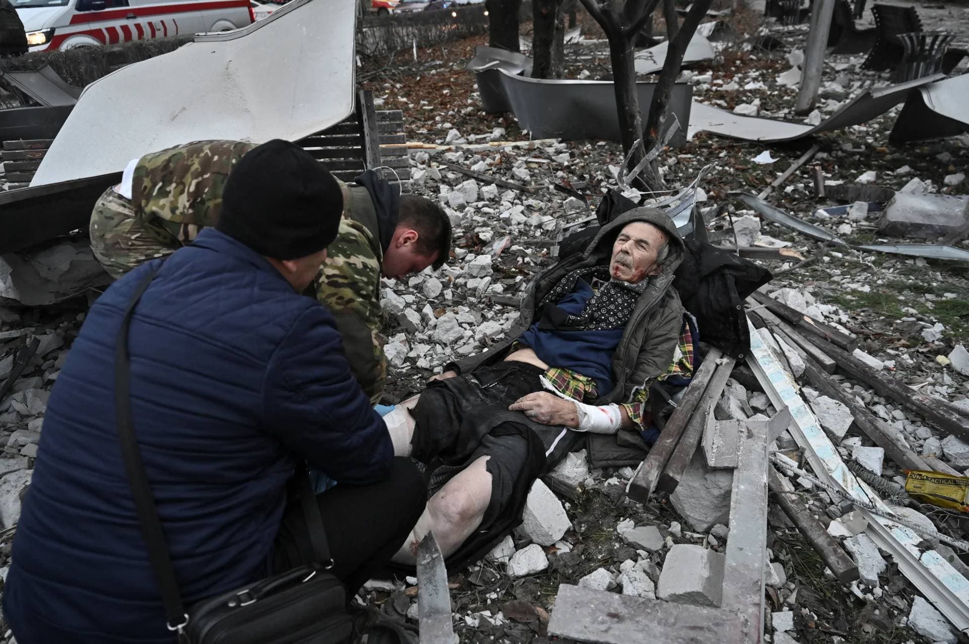 Rescuers work at the site where a building was heavily damaged by a Russian missile strike in Zaporizhzhia