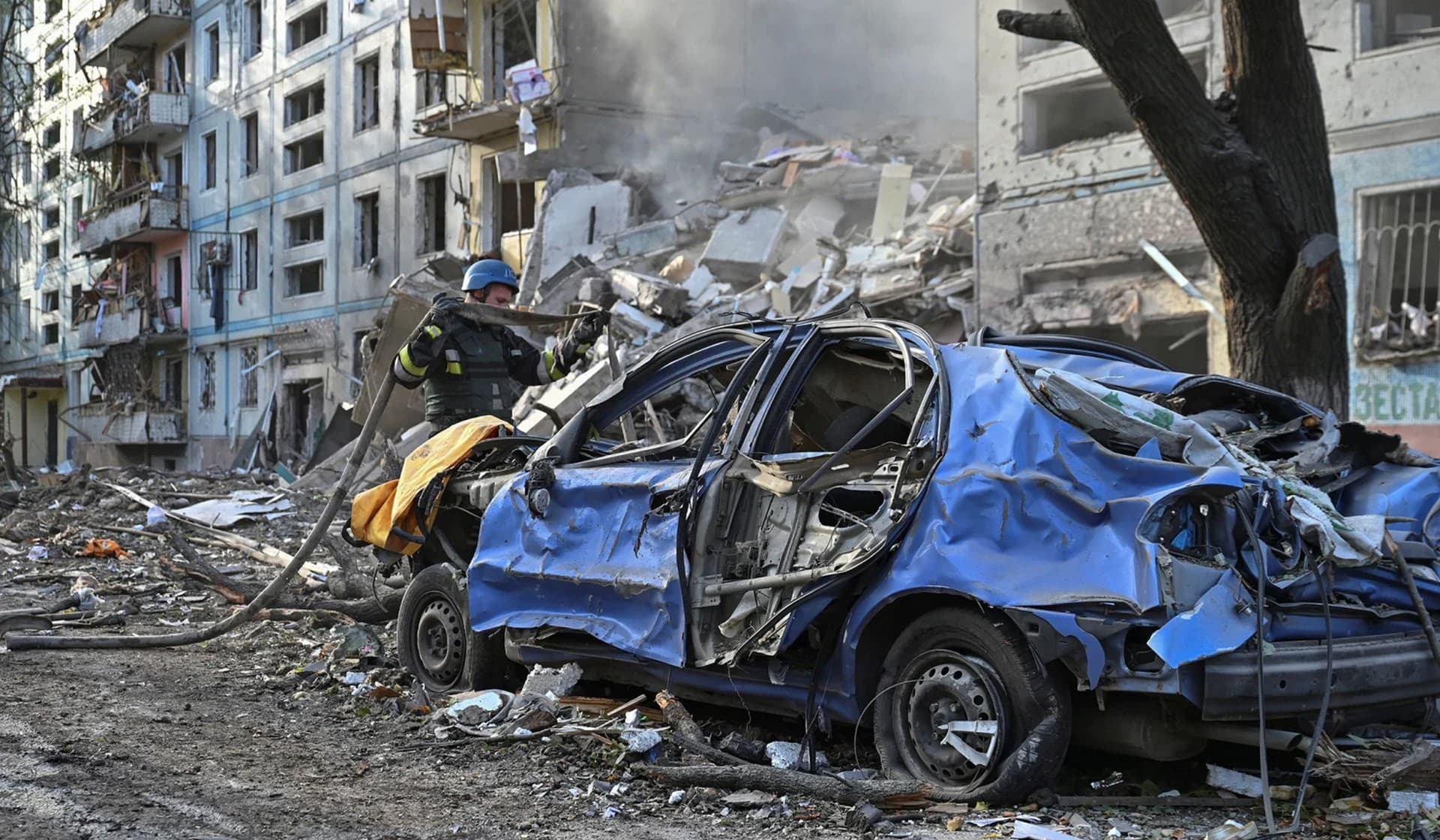 A residential building heavily damaged by a Russian missile strike in Zaporizhzhia
