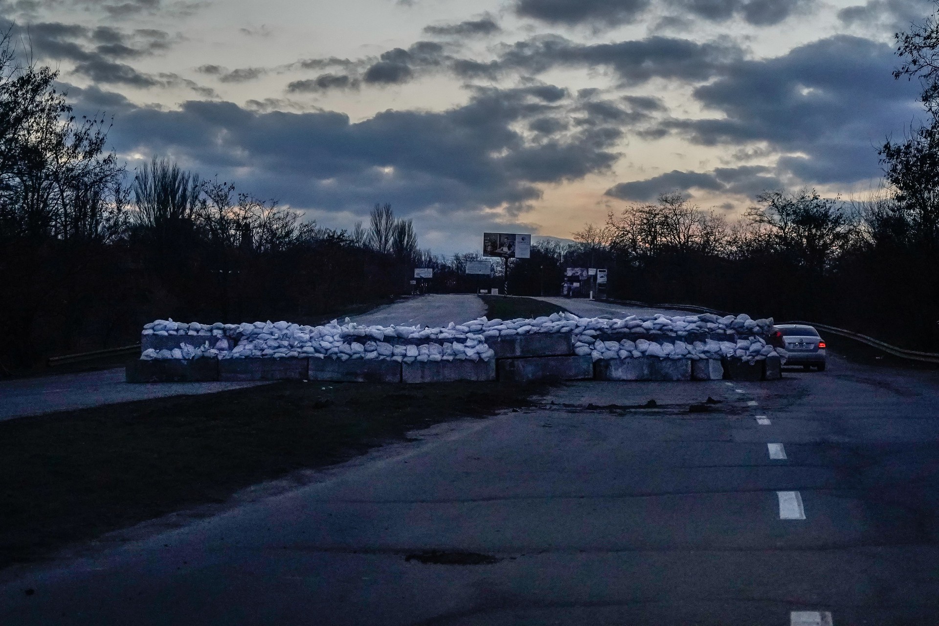 Sandbag barricades are seen in Zaporizhzhia on March 17.
